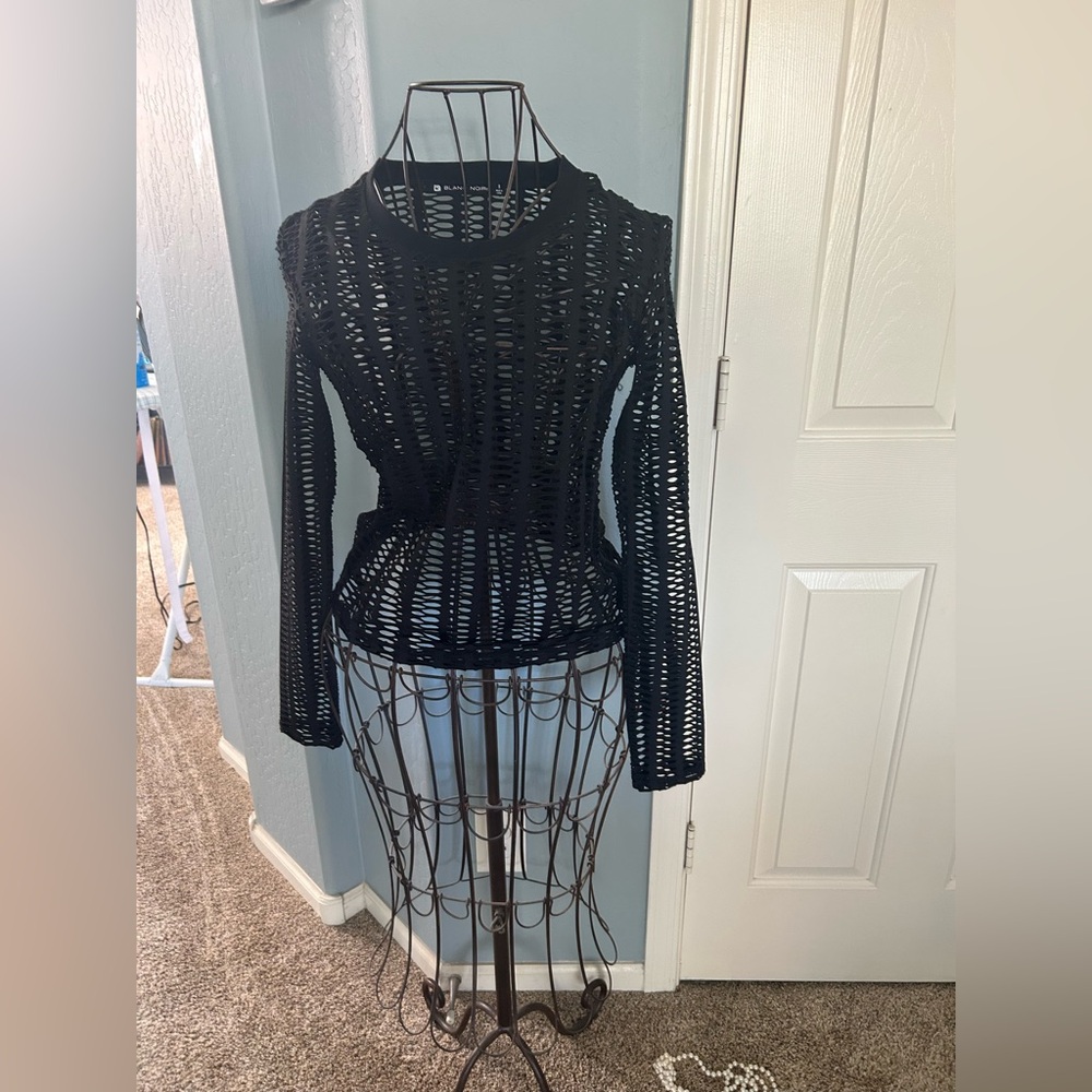 Blanc Noir Black Mesh Long Sleeve Top